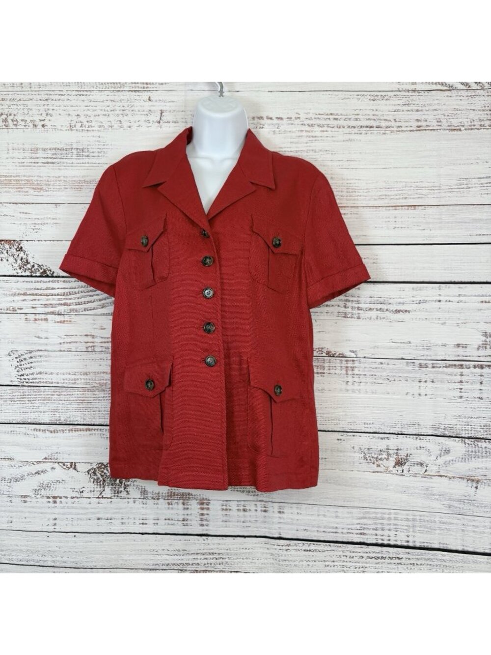 Lord & Taylor Red Linen Button Front Vintage Safari Shirt Jacket